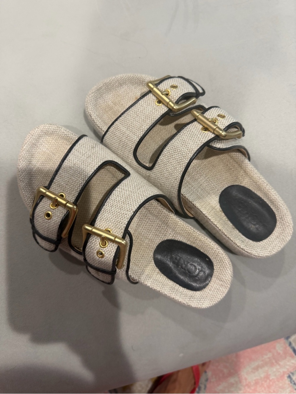 J. Crew Cream Linen Double-Buckle Slide Sandals with Black Trim